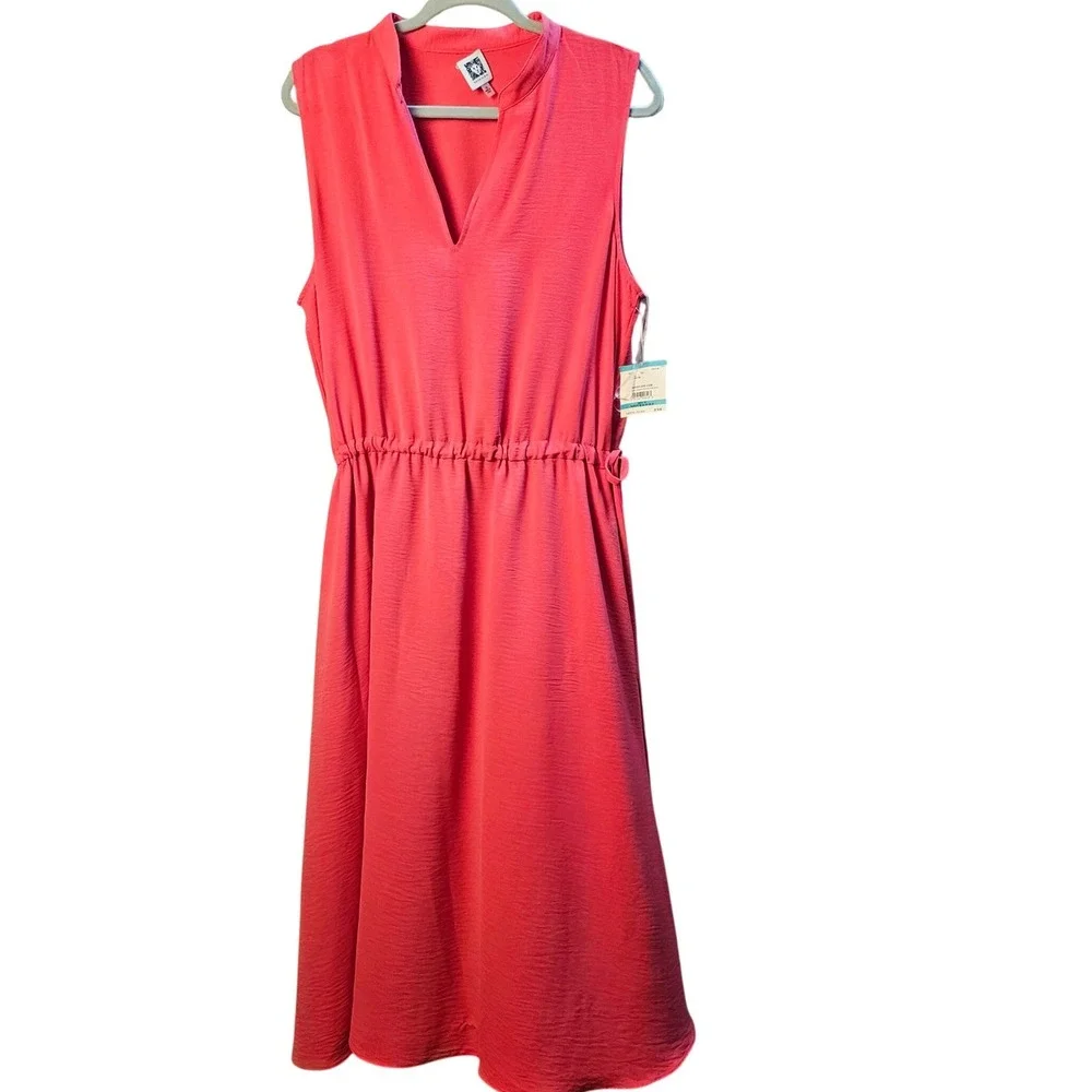 Anne Klein Coral Pink Sleeveless Split Neck Drawstring Waist Midi Dress 16 NEW - Picture 1 of 12